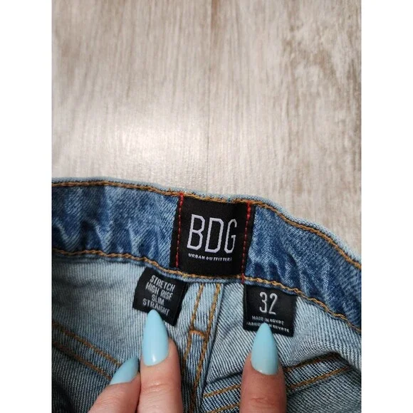 BDG Stretch High Rise Slim Straight Button Fly Blue Denim Jeans Distressed Sz 32 - Picture 6 of 12